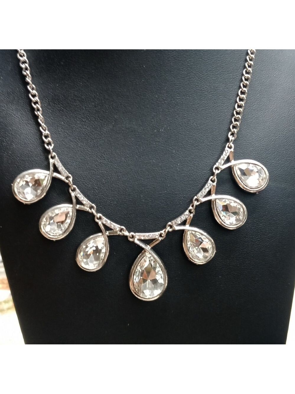 Rhinestone statement necklace white gold plated cubic zirconia cz reversible EUC